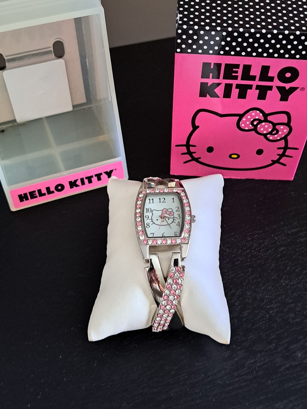 Hello Kitty Silver and Pink Rhinestone Bracelet Watch